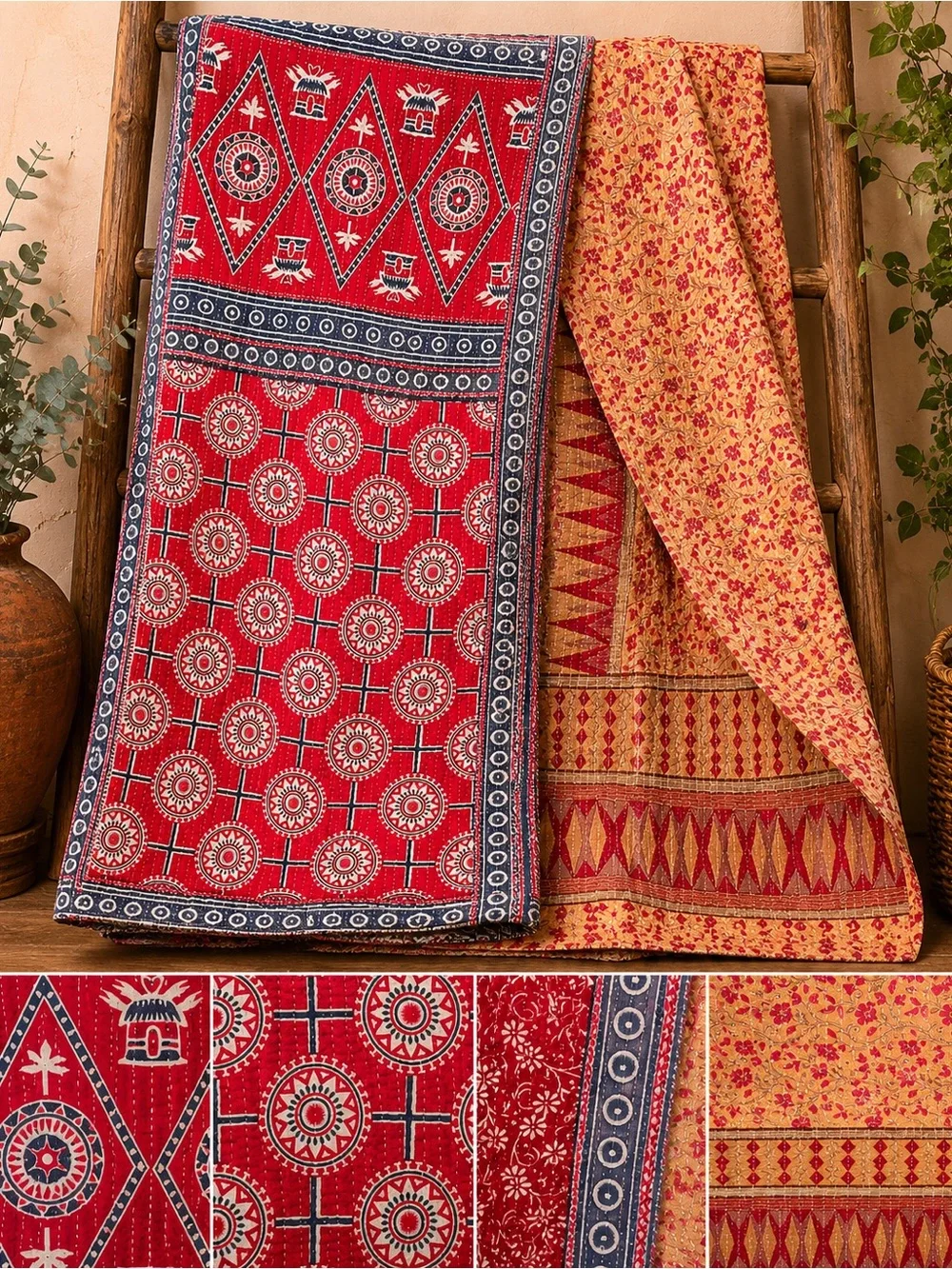Vintage Handmade Printed Kantha Quilt India Sari Throw Blanket Twin 52x80